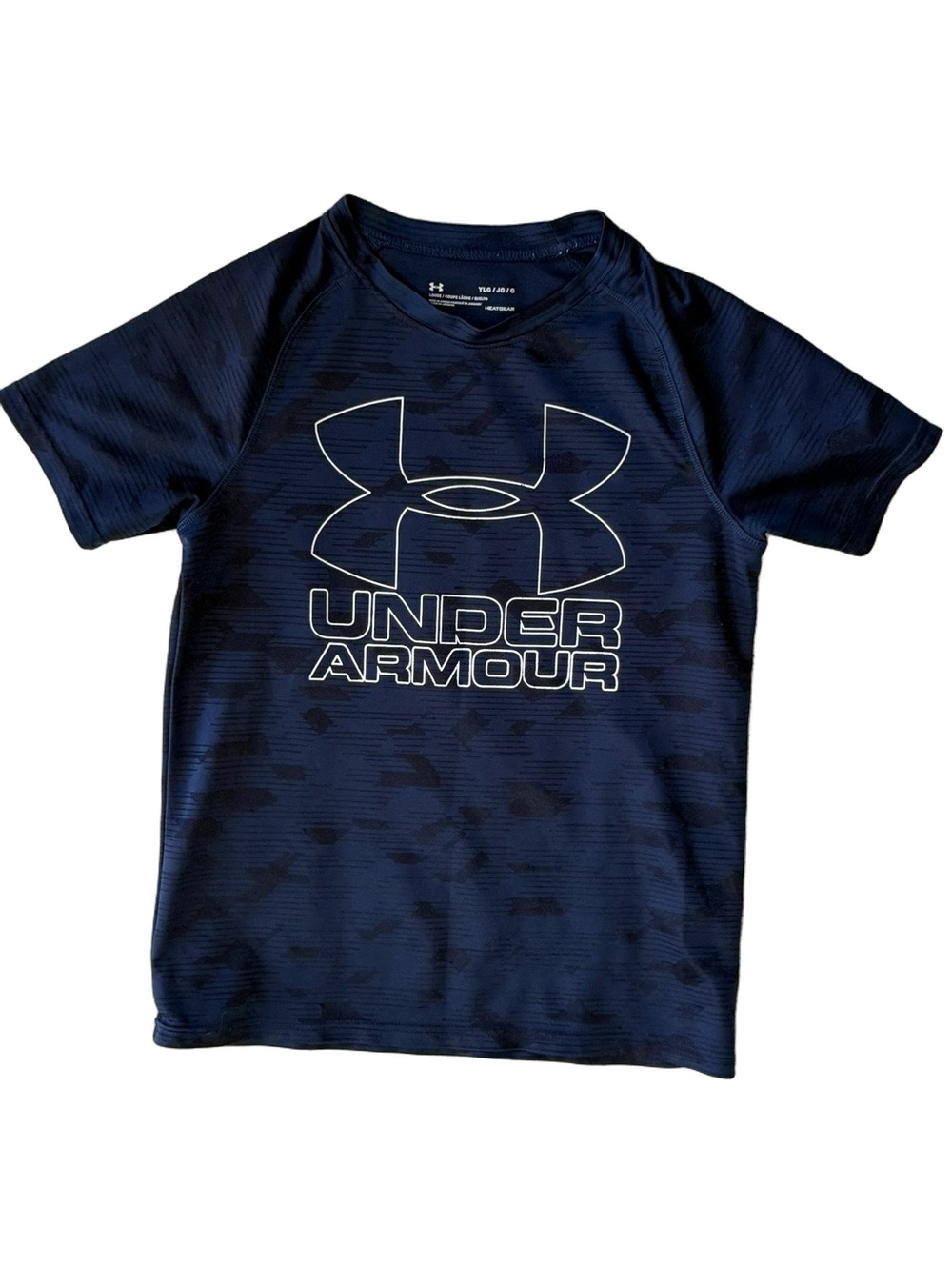 Under Armour Boys Tech Hybrid Print T-Shirt Blue Black HeatGear Size Youth Large